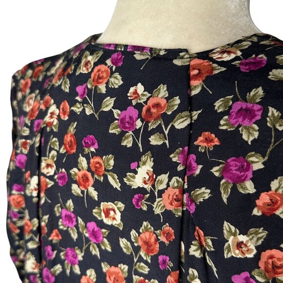 Vintage 90s Floral Rayon Dress Black Button Front Midi Sz 16 - Picture 4 of 10